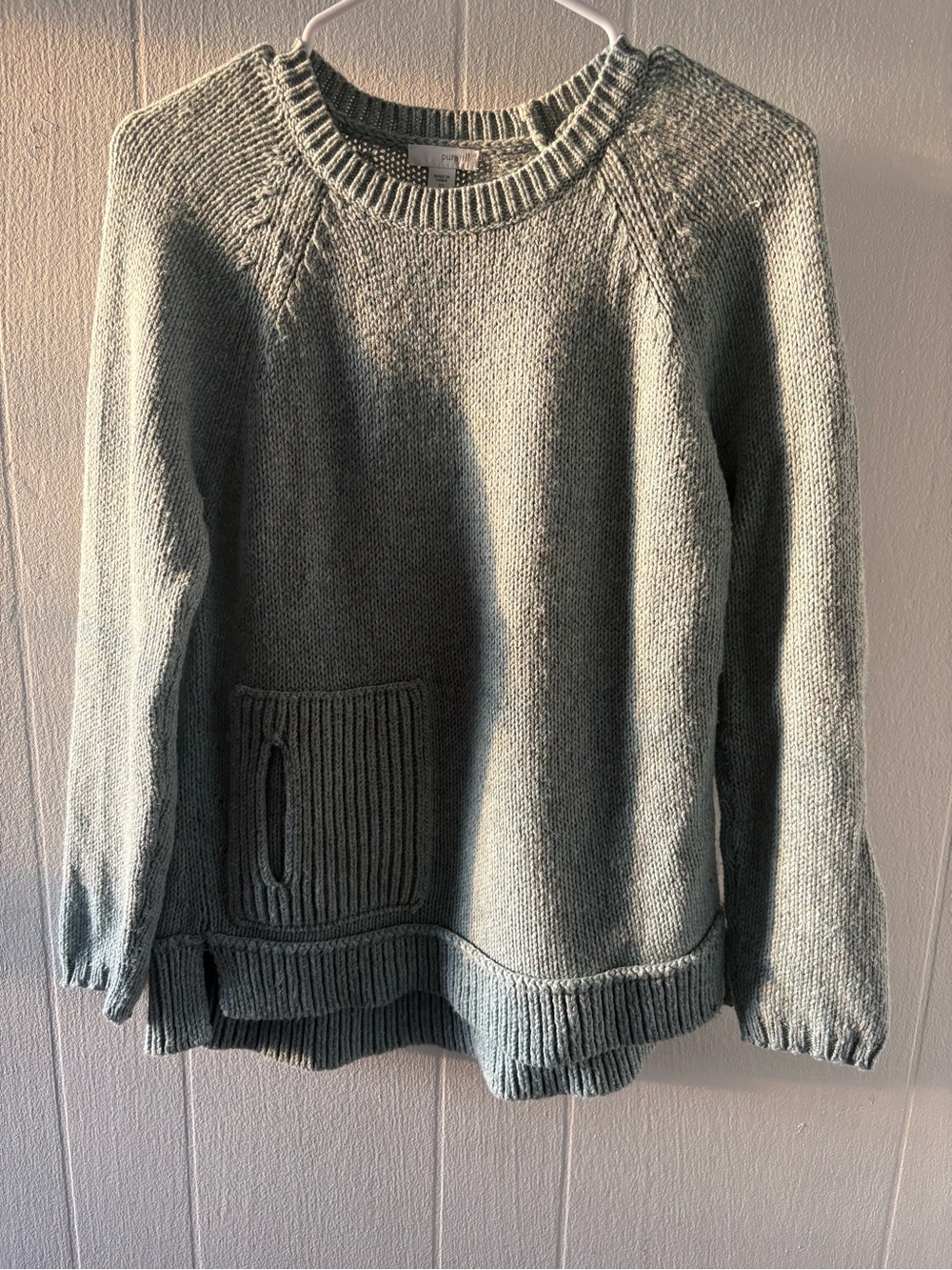 J. Jill Sage Green Crewneck Sweater with Front Patch Pocket
